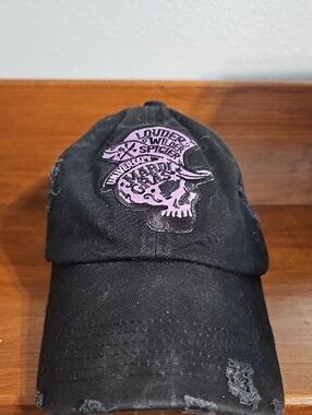 Black Universal Mardi Gras Distressed Baseball Cap with Purple Skull Patch